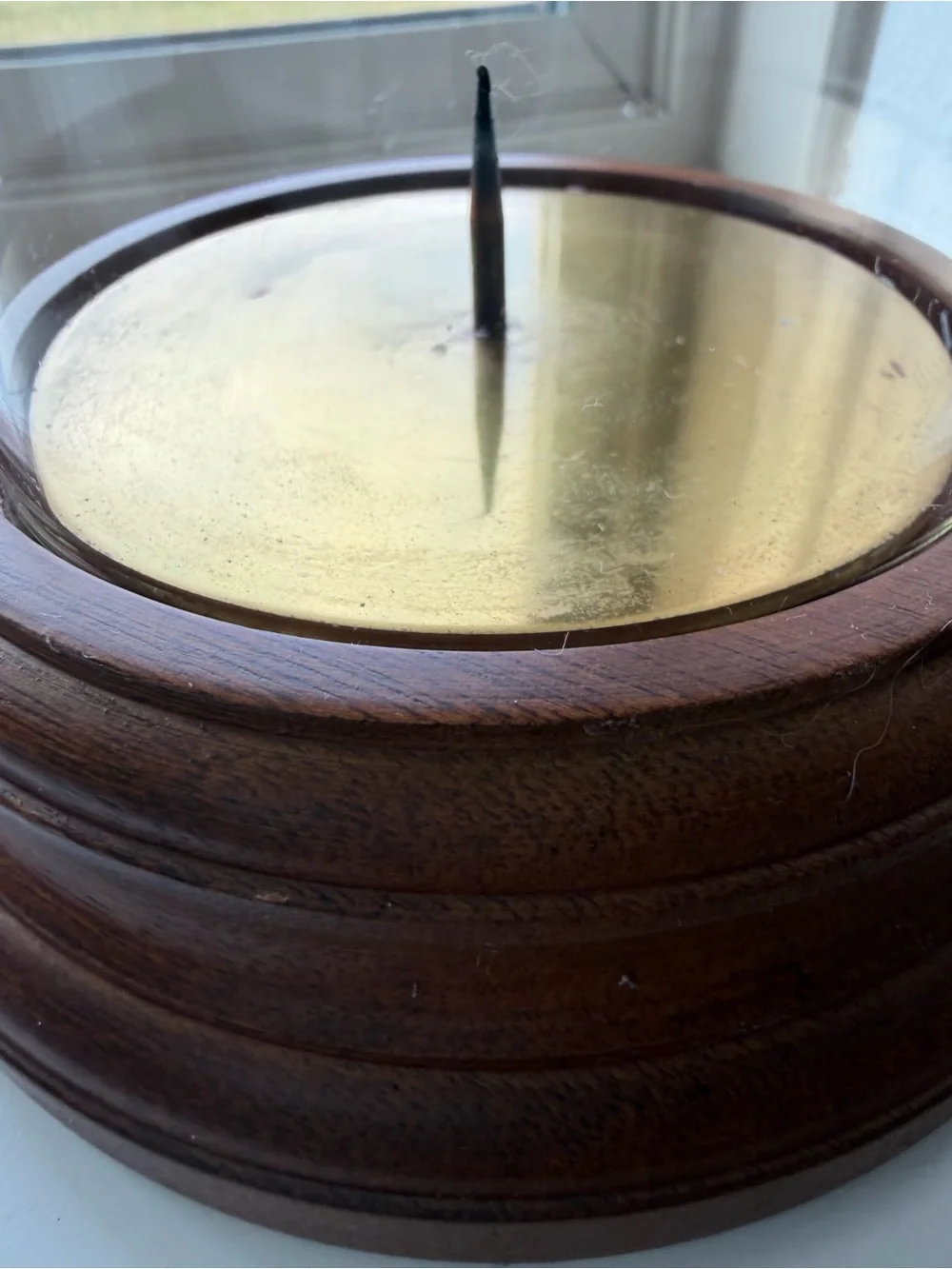 Clear Glass Hurricane Candle Holder with Brown Wood Base and brass Accent